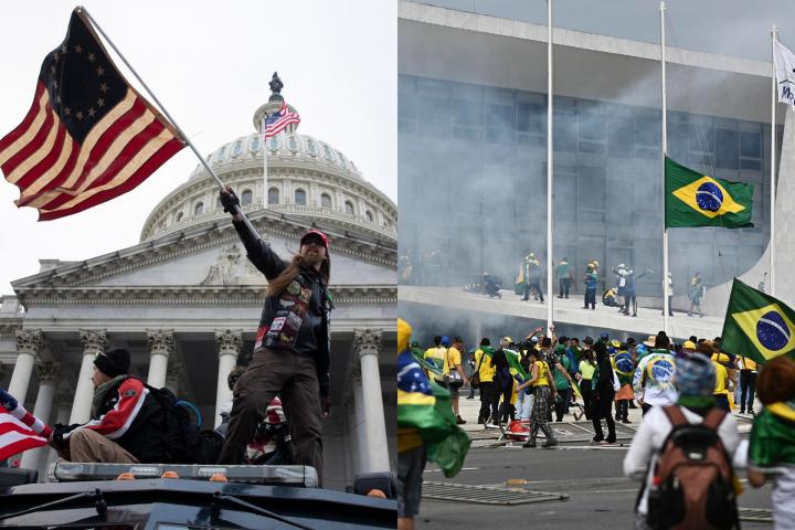 Combo de fotografías que muestra el asalto al Capitolio y el del Congreso de Brasil