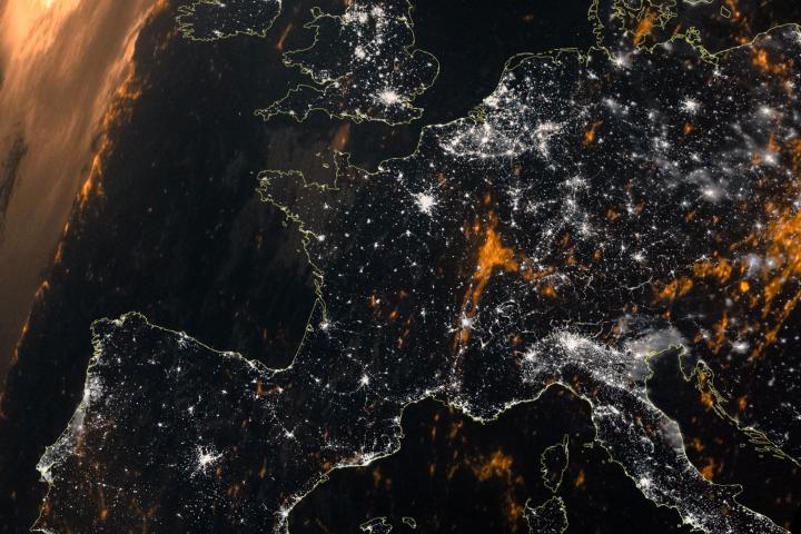 European map composition space view. Night illumination from city lights. Elements of this image furnished by NASA

/urls: https://earthobservatory.nasa.gov/images/144603/a-break-in-the-clouds-for-europe,
https://images.nasa.gov/details-GSFC_201...