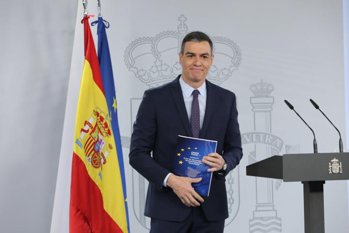 El presidente del Gobierno, Pedro Sánchez, presenta el plan de recuperación en La Moncloa.