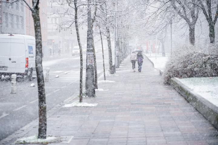 Varias personas pasean en Vitoria-Gasteiz bajo una de las nevadas causadas por la borrasca Fien