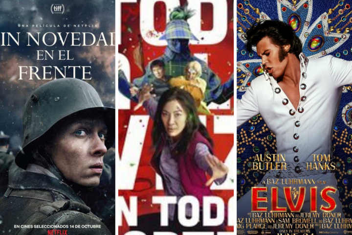 Carteles de 'Sin novedad en el frente', 'Todo a la vez en todas partes' y 'Elvis'.
