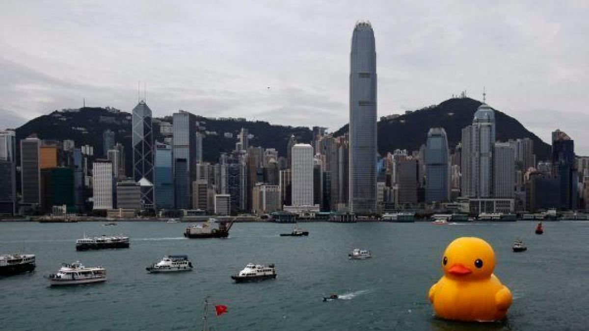Dos patos de goma gigantes toman la bahía de Hong Kong para impulsar la  «doble felicidad»
