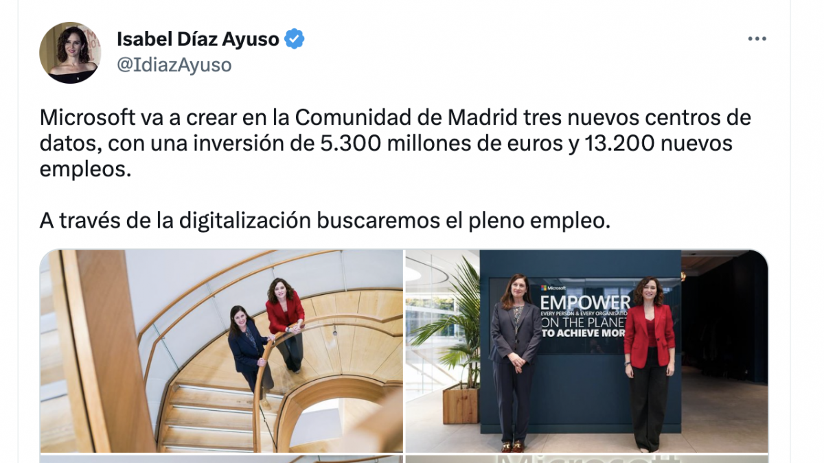 Ayuso Presume En Twitter De Una Inversión De Microsoft En Madrid Que El ...