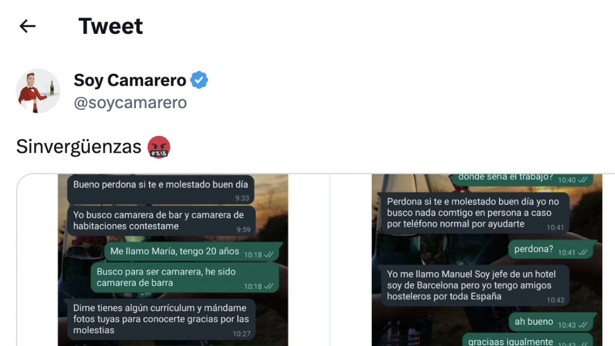 La conversación de WhatsApp entre una camarera de 20 años y un hostelero no  puede ser más indignante