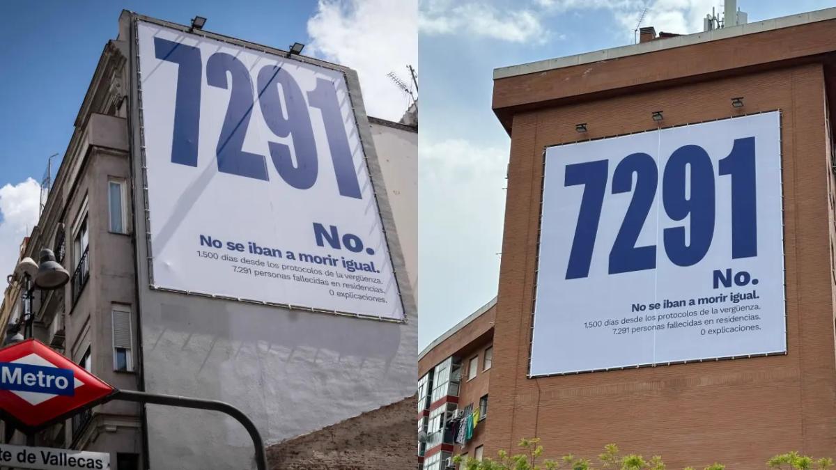 La Junta Electoral obliga a Más Madrid a retirar las lonas que recuerdan  los 7.291 fallecidos en las residencias de Madrid