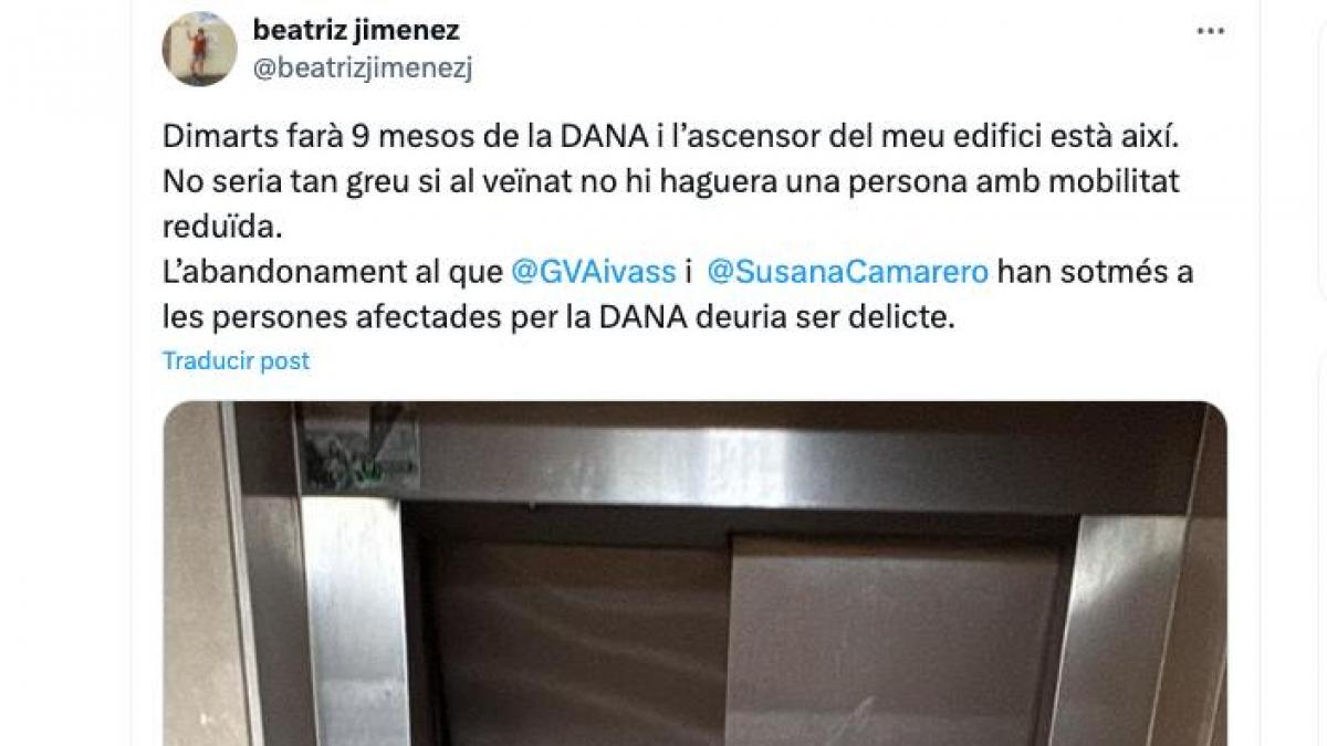 Denuncia el estado en el que se encuentra su ascensor nueve meses después de la DANA