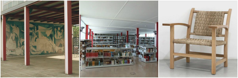 Exteriores (Fotos: Dídac Guxens) y biblioteca (Foto: UB) del Pabellón de La República en la actualidad en Barcelona. Silla Torres Clavé (Foto: ESdesign).