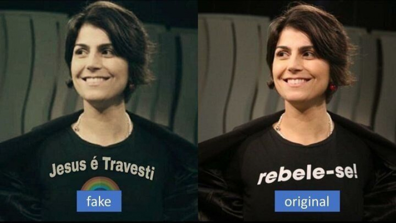 Esta foto manipulada de Manuela D’Avila, candidata de la izquierda a la vicepresidencia de Brasil en las elecciones de 2018, es un ejemplo de las tácticas que suelen utilizar los creadores de memes 'fake' para desacreditar a sus opo...