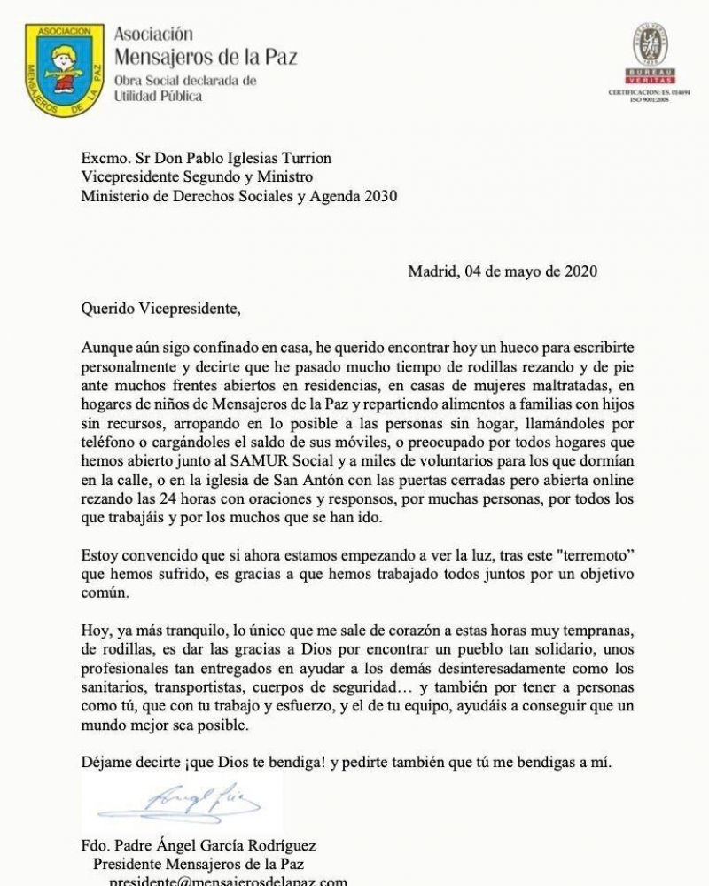Carta del padre Ángel a Pablo Iglesias