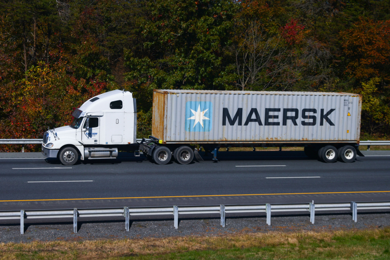 A truck with Maersk logo semitrailer is seen at Interstate 95 highway in Maryland, United States, on October 21, 2022. (Photo by Beata Zawrzel/NurPhoto via Getty Images)