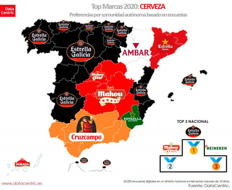 Mapa de la cerveza preferida por comunidades autónomas.