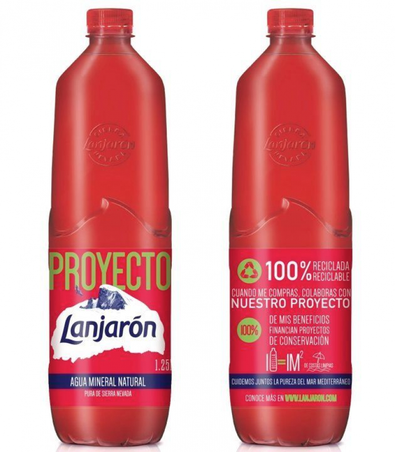Botellas de agua de Lanjarón fabricadas con plástico reciclado 100%.