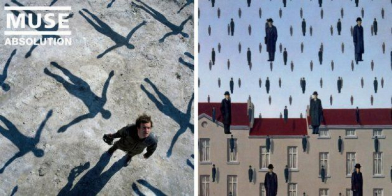 A la izquierda, 'Absolution', de Muse (2003). A la derecha, 'Golconda', de René Magritte (1953).