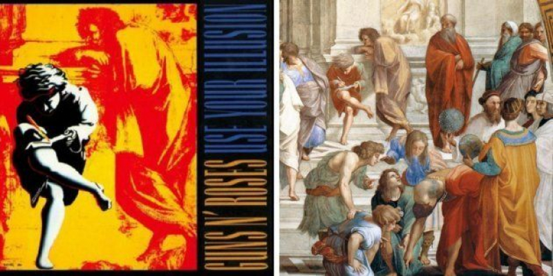 A la izquierda, 'Use Your Illusion I', de Guns N' Roses (1991). A la derecha, 'La escuela de Atenas', de Rafael Sanzio (1510-1511).