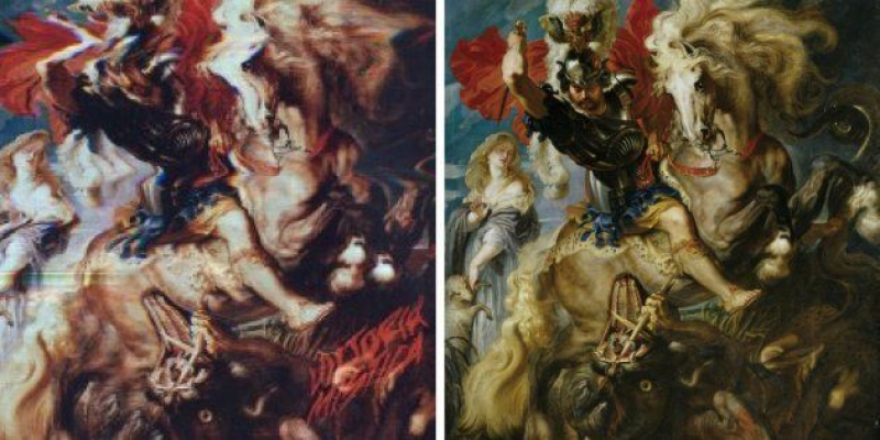 A la izquierda, 'Victoria Mística', de Triángulo de amor bizarro (2013). A la derecha, 'San Jorge y el dragón', de Peter Paul Rubens (1605).