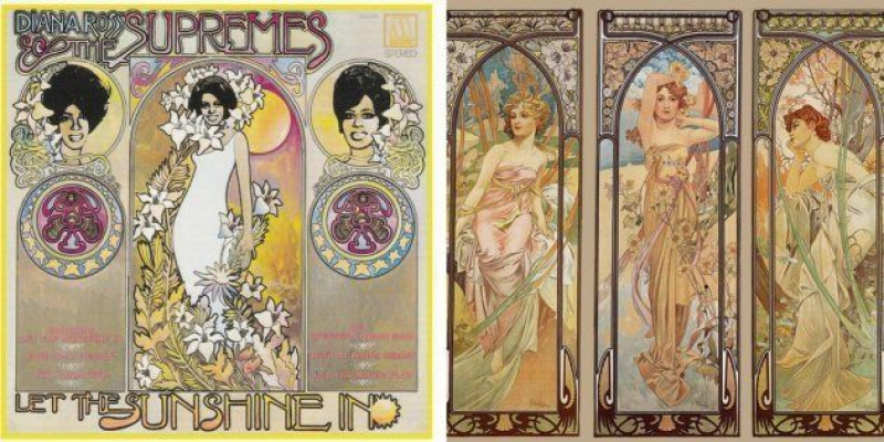 A la izquierda, 'Let the sunshine', de Diana Ross & The Supremes (1969). A la derecha, 'Cuatro estaciones', de Alphonse Mucha (1896).
