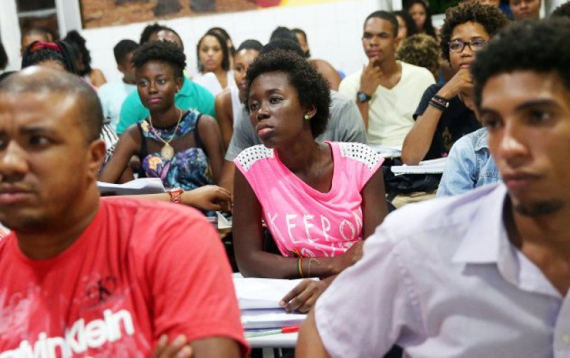 SALVADOR, BRAZIL - APRIL 16: Students from the Steve Biko Institute gather during a lecture on April 16, 2015 in Salvador, Brazil. The Steve Biko Institute offers a free year-long preparatory course for black students from low-income families to...