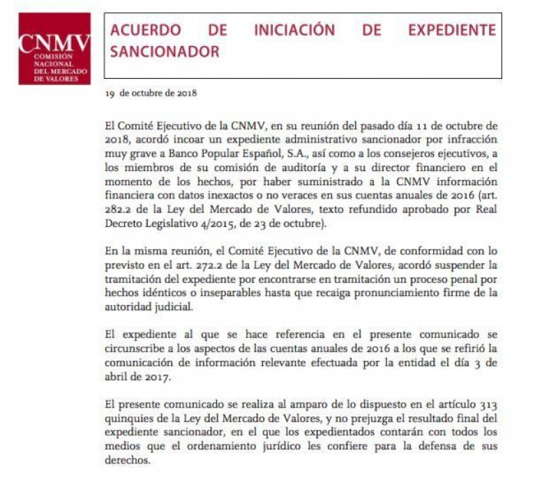 La CNMV comunica la apertura de un expediente a Banco Popular.