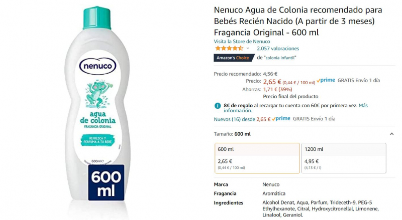 Precio del bote de colonia Nenuco 650 ml en Amazon España.