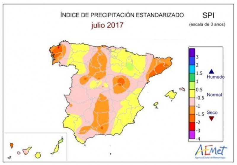 Mapa de vigilancia de la sequía meteorológica en España de los tres últimos años.
