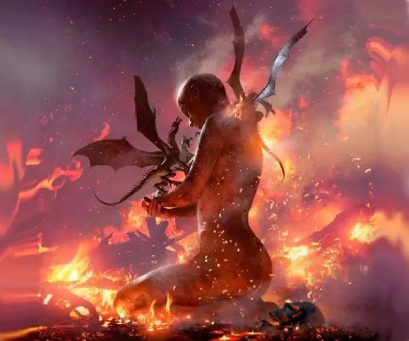 Daenerys Targaryen durante el nacimiento de sus dragones, ilustrada por el artista Michael Kormack para el calendario oficial de la saga de 2009.