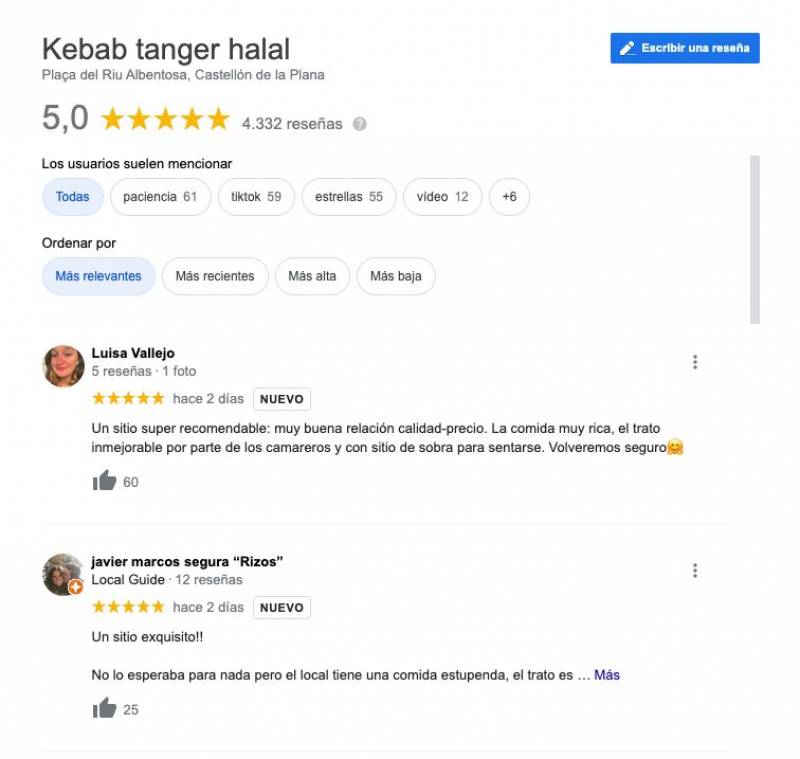 Reseñas en Google del restaurante Kebab Tanger Halal de Castellón.