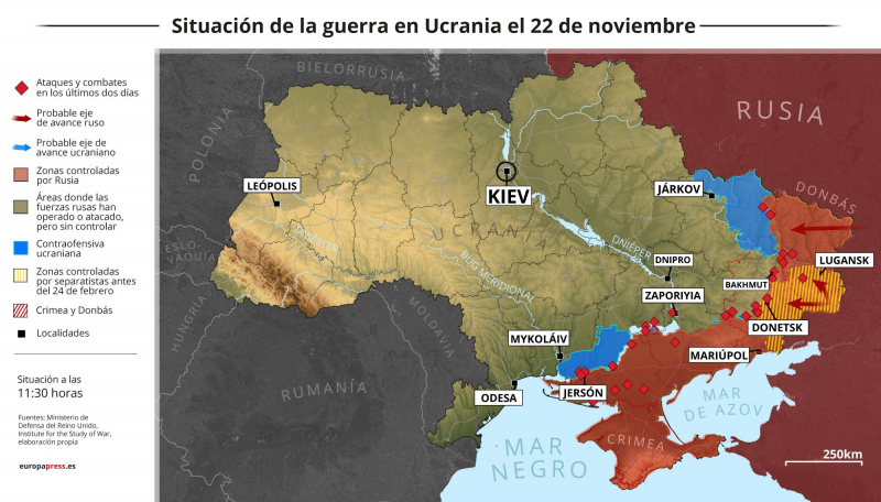 Mapa de situación de la guerra a 22 de noviembre de 2022.