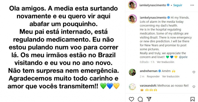 La publicación en Instagram de la hija de Pelé.