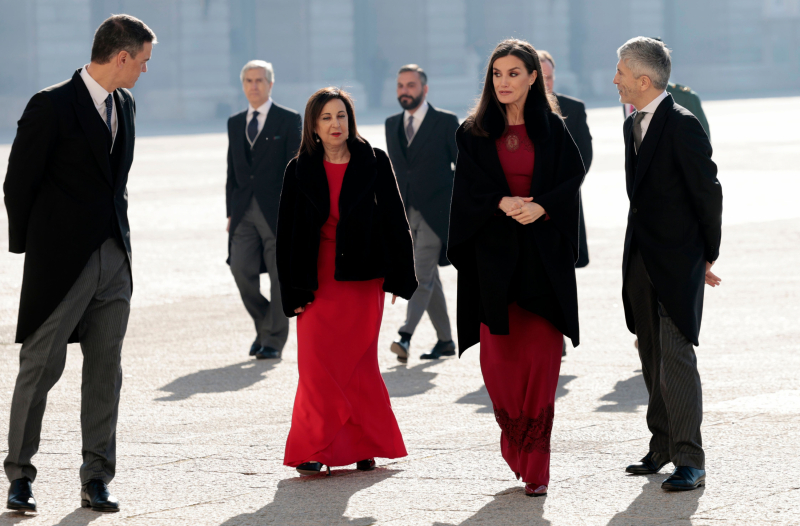 El presidente del Gobierno, Pedro Sánchez; la ministra de Defensa, Margarita Robles; la reina Letizia y el ministro de Interior, Fernando Grande-Marlaska.