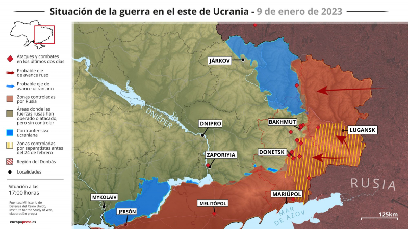 Evolución de la guerra en Ucrania, a 9 de enero de 2023.